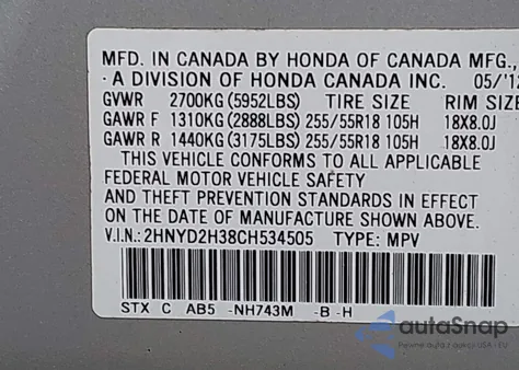 2012 Acura Mdx Technology z USA, uszkodzony, nr VIN 2HNYD2H38CH534505